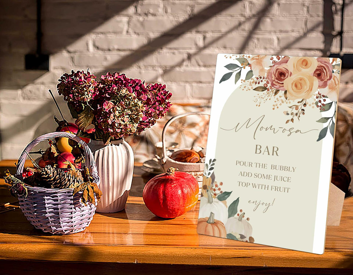 Letrero de mesa para baby shower con temática de calabaza, soporte de madera, diseño floral de otoño YD21