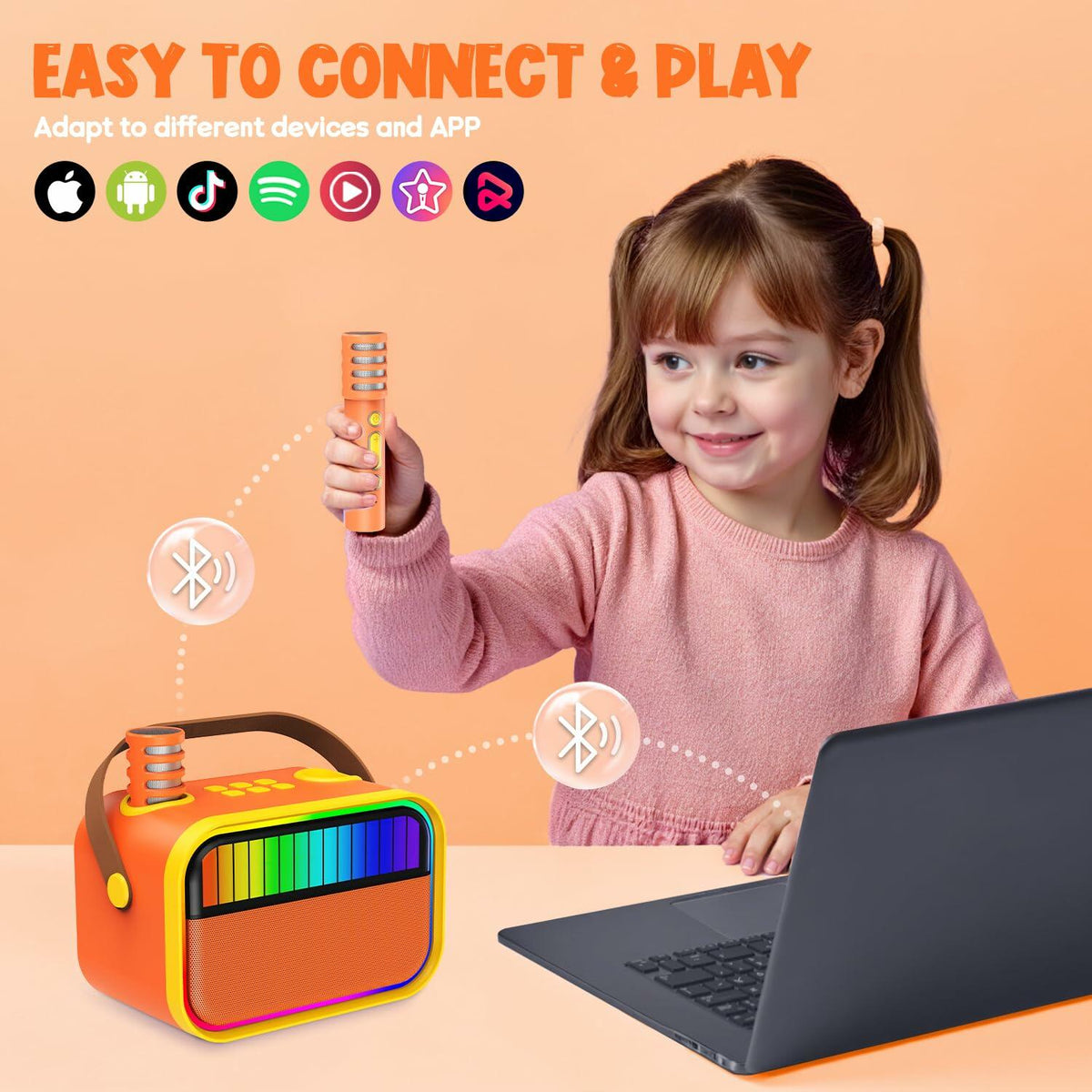 Máquina de karaoke para niños VERKB, altavoz Bluetooth portátil con 2 micrófonos, naranja