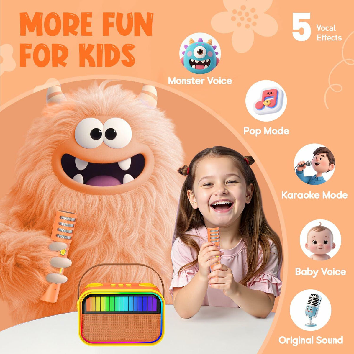 Máquina de karaoke para niños VERKB, altavoz Bluetooth portátil con 2 micrófonos, naranja