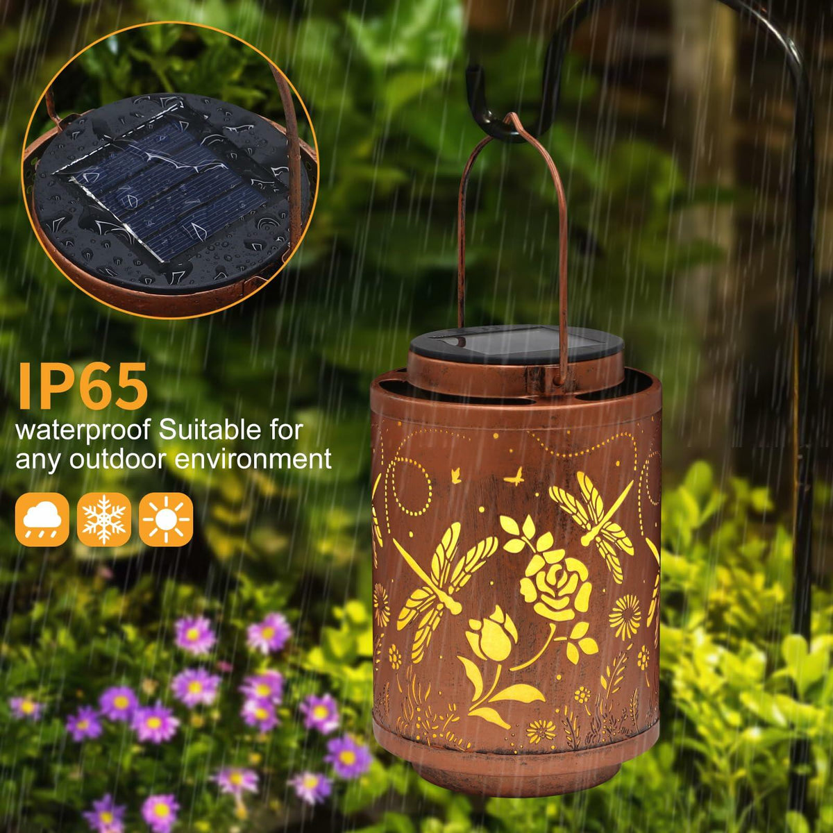Tepaken - 2 farolillos solares para exteriores, resistentes al agua, de metal, con diseño de seta LED para colgar