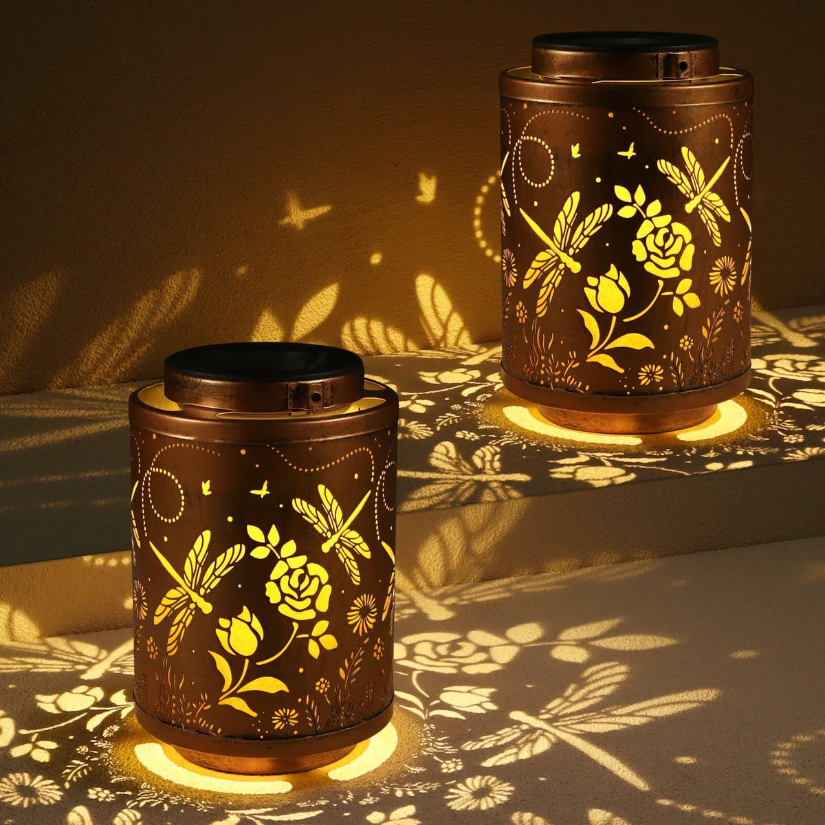 Tepaken - 2 farolillos solares para exteriores, resistentes al agua, de metal, con diseño de seta LED para colgar