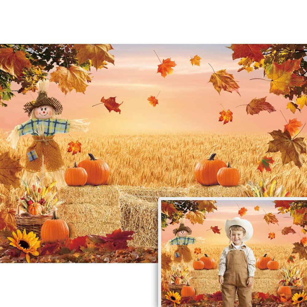 XCKALI Fondo de fotografía de otoño para Acción de Gracias, calabaza y hoja de arce, 7x5 pies