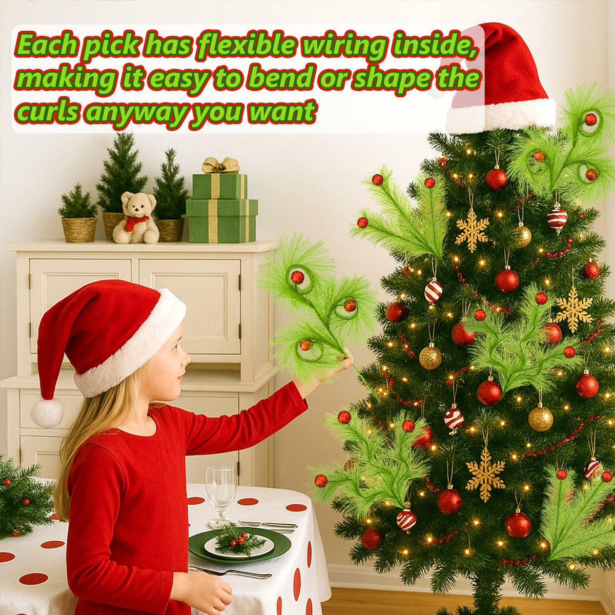 Ruxiel, 6 púas para árbol de Navidad de 17 pulgadas, tallos rizados y peludos de color verde lima