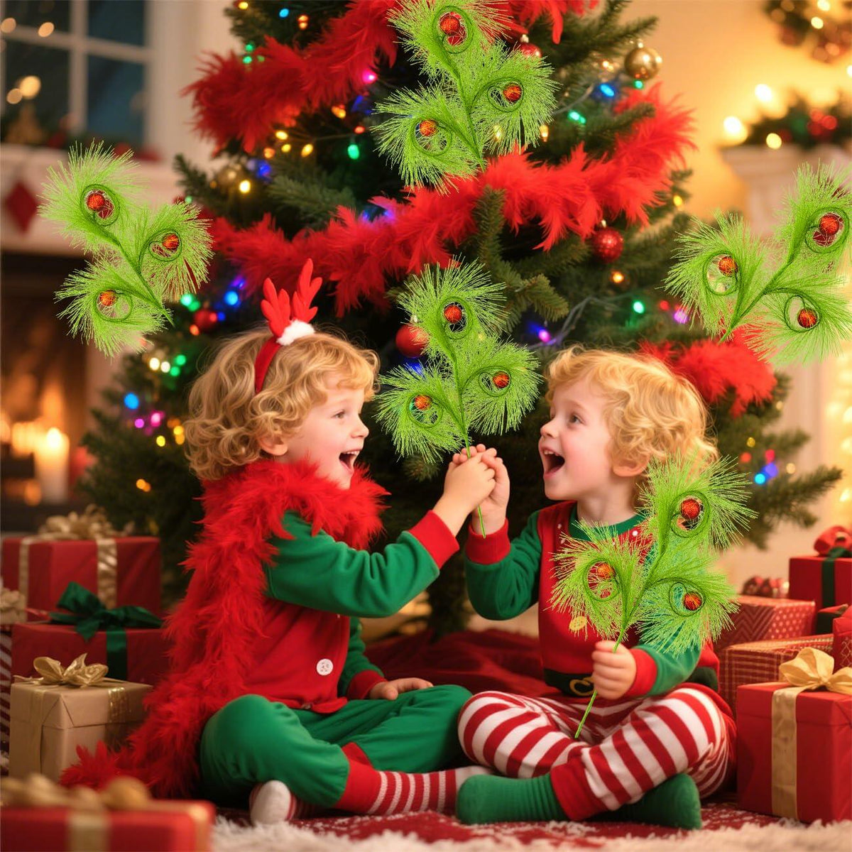 Ruxiel, 6 púas para árbol de Navidad de 17 pulgadas, tallos rizados y peludos de color verde lima