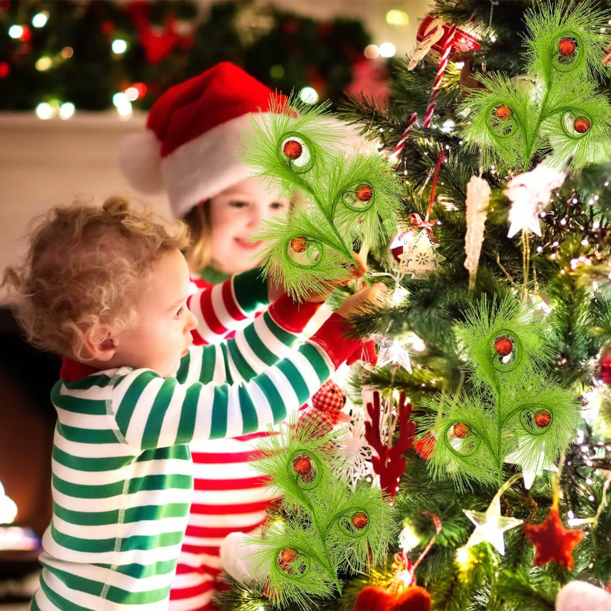 Ruxiel, 6 púas para árbol de Navidad de 17 pulgadas, tallos rizados y peludos de color verde lima
