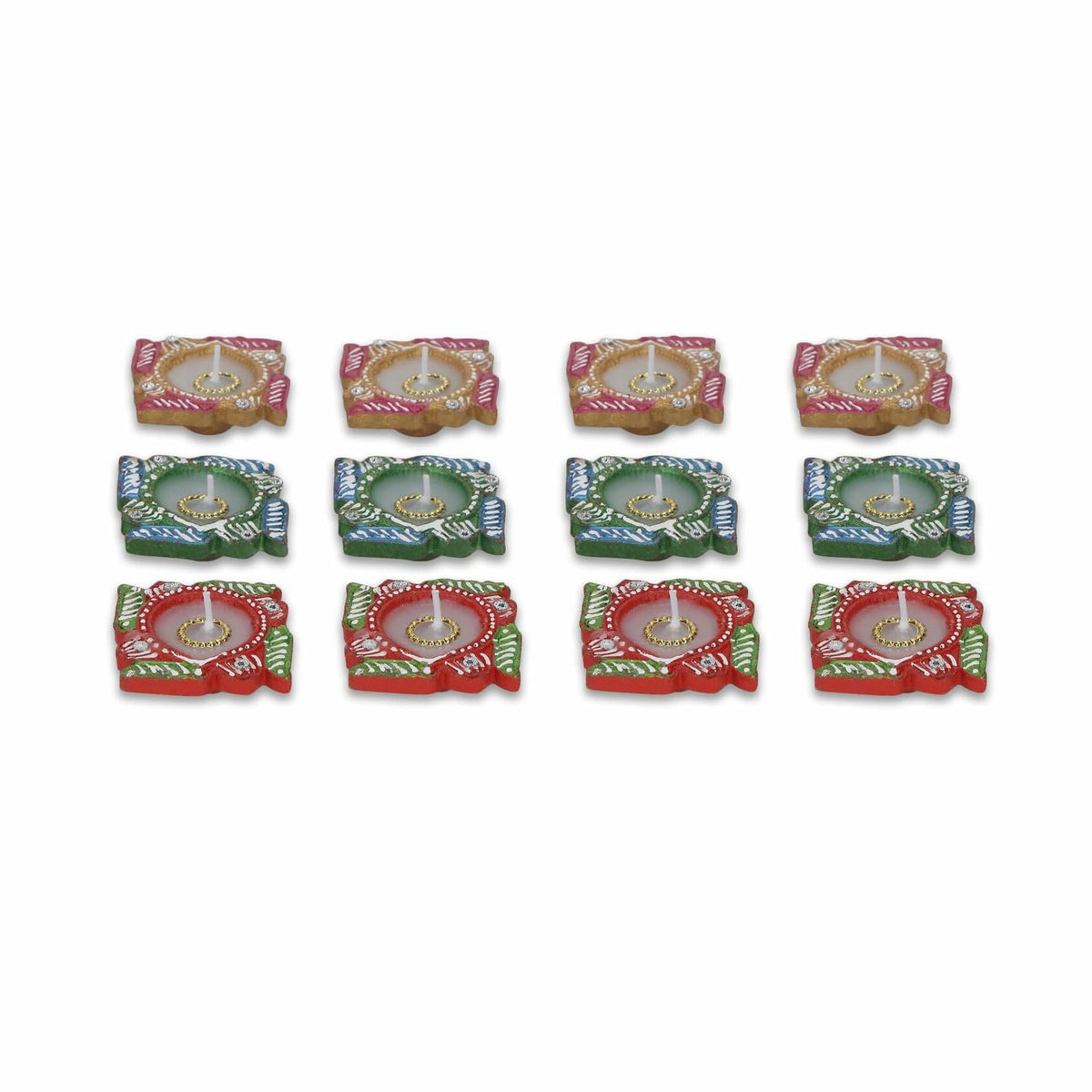 4OUR FAITH 12 Pc Multicolor Terracotta Swastik Wax Diyas Oil Lamps