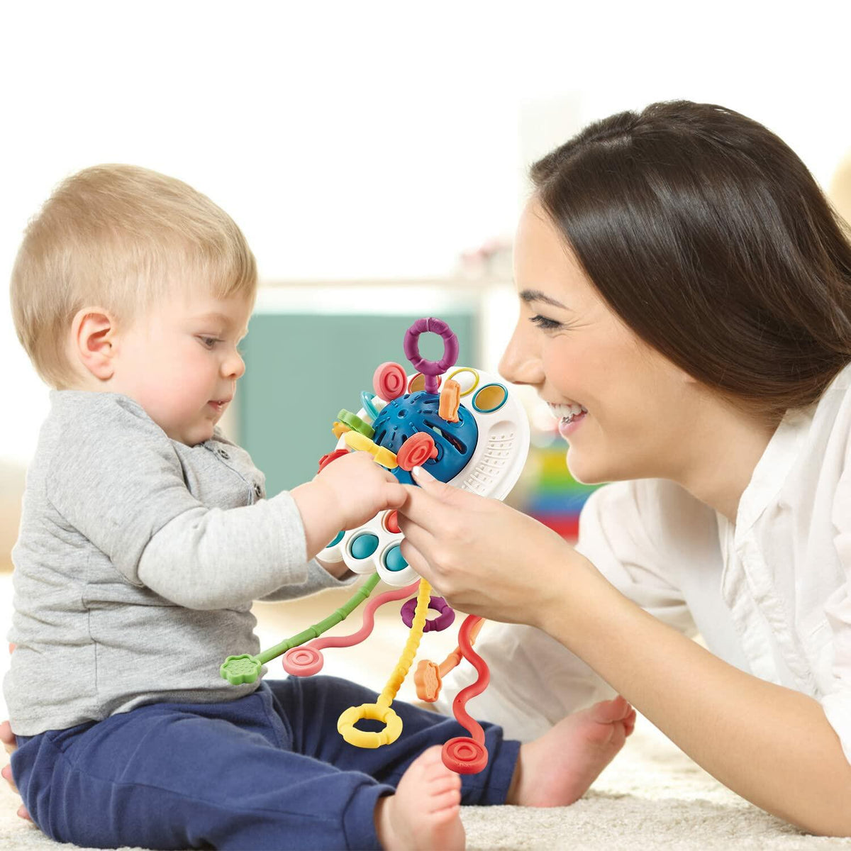 Juguete Montessori de cuerda de silicona para bebé Thremhoo, juguete multicolor rojo y azul para niños pequeños