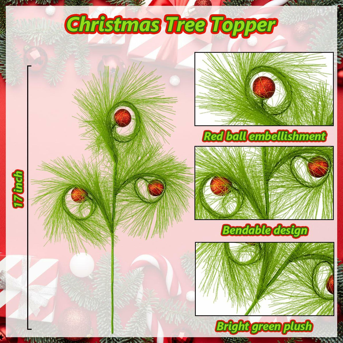 Ruxiel, 6 púas para árbol de Navidad de 17 pulgadas, tallos rizados y peludos de color verde lima