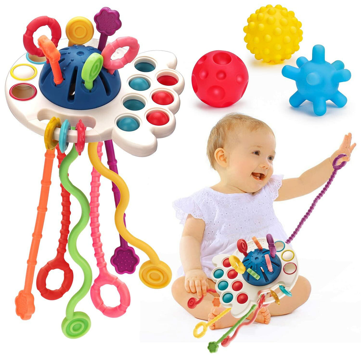 Juguete Montessori de cuerda de silicona para bebé Thremhoo, juguete multicolor rojo y azul para niños pequeños