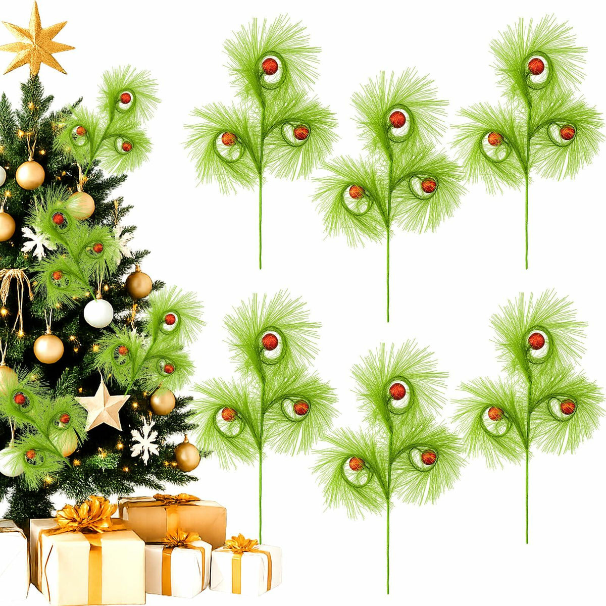 Ruxiel, 6 púas para árbol de Navidad de 17 pulgadas, tallos rizados y peludos de color verde lima