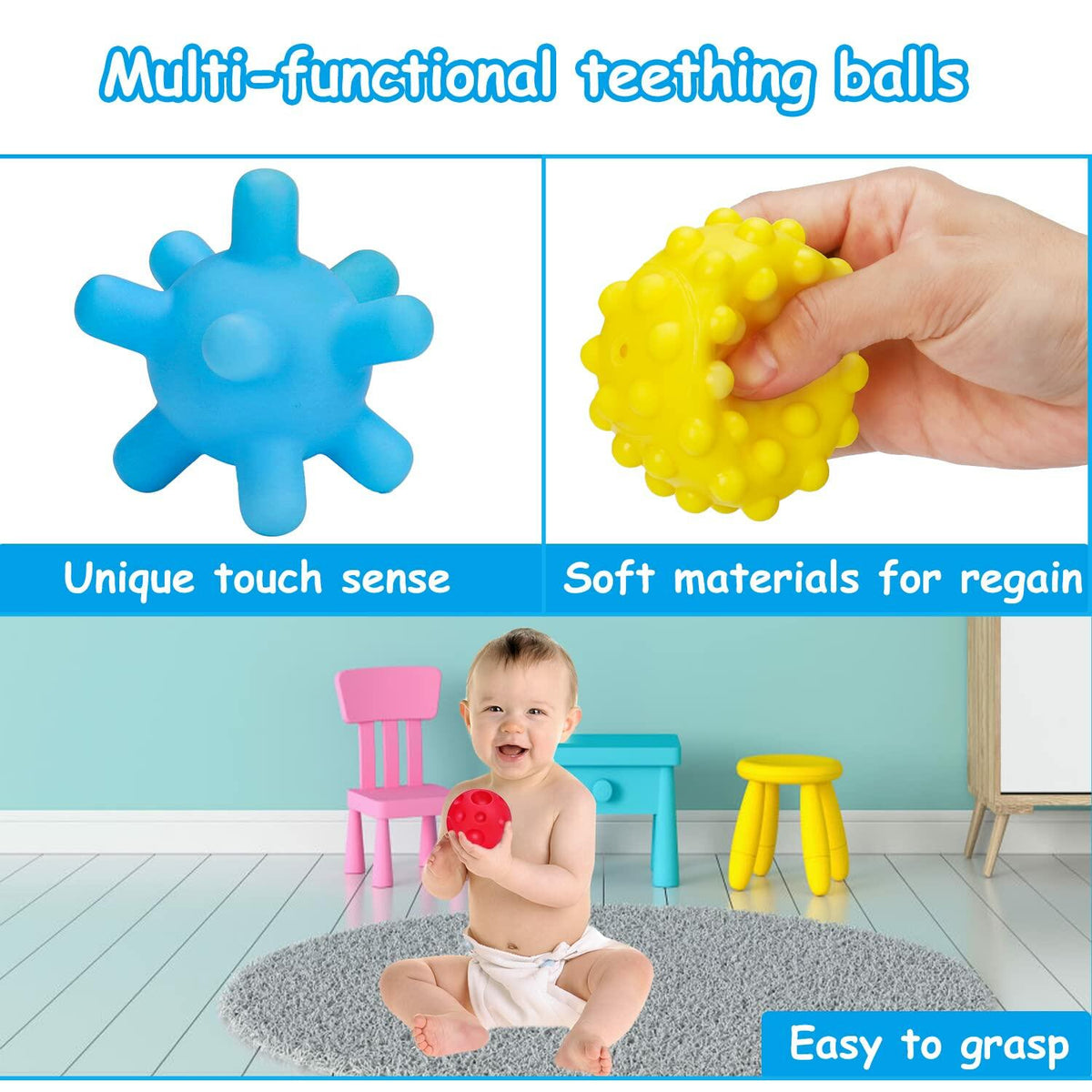 Juguete Montessori de cuerda de silicona para bebé Thremhoo, juguete multicolor rojo y azul para niños pequeños