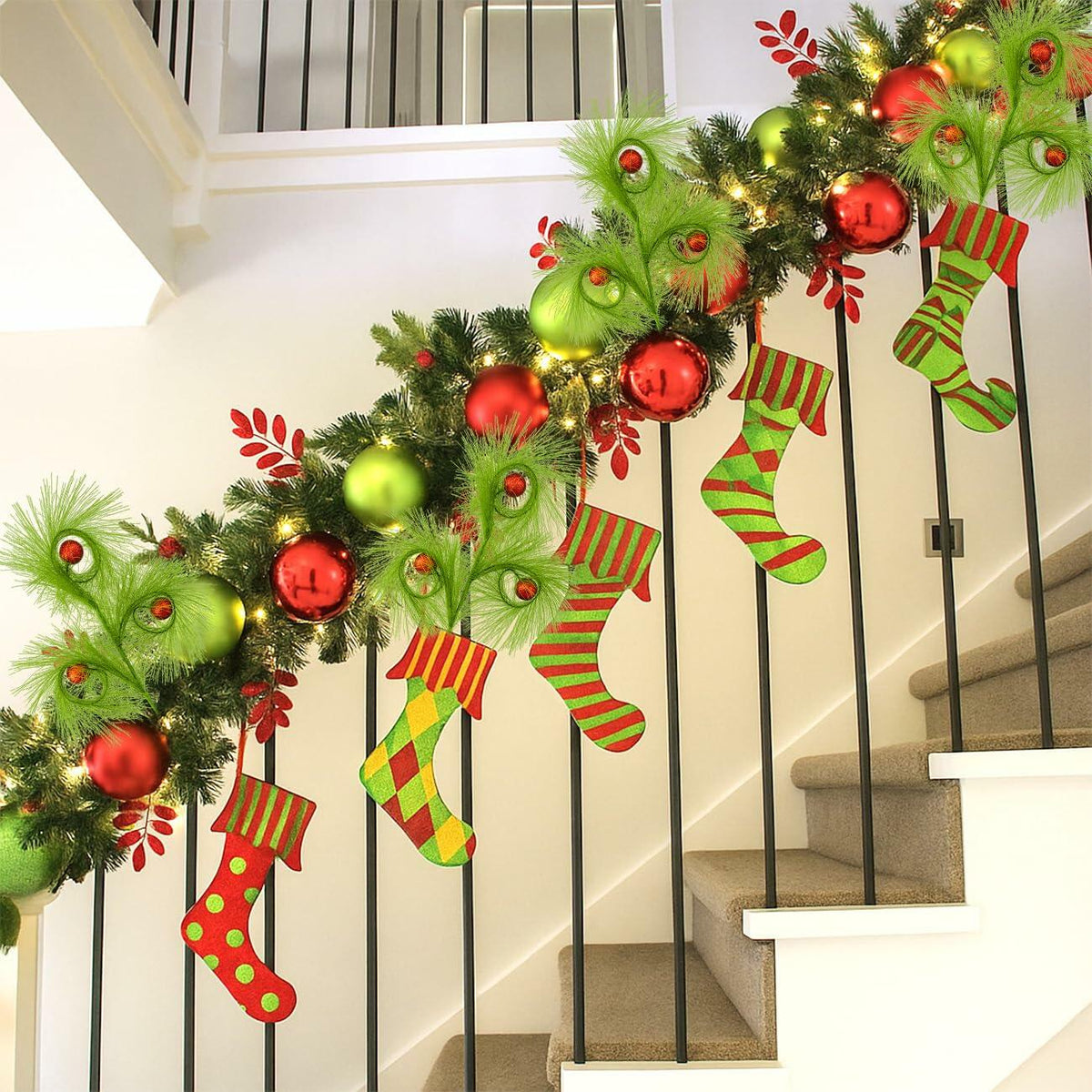 Ruxiel, 6 púas para árbol de Navidad de 17 pulgadas, tallos rizados y peludos de color verde lima
