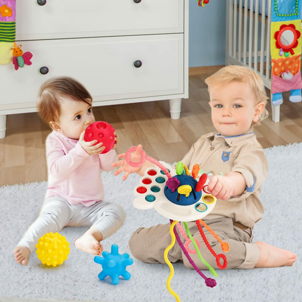 Juguete Montessori de cuerda de silicona para bebé Thremhoo, juguete multicolor rojo y azul para niños pequeños