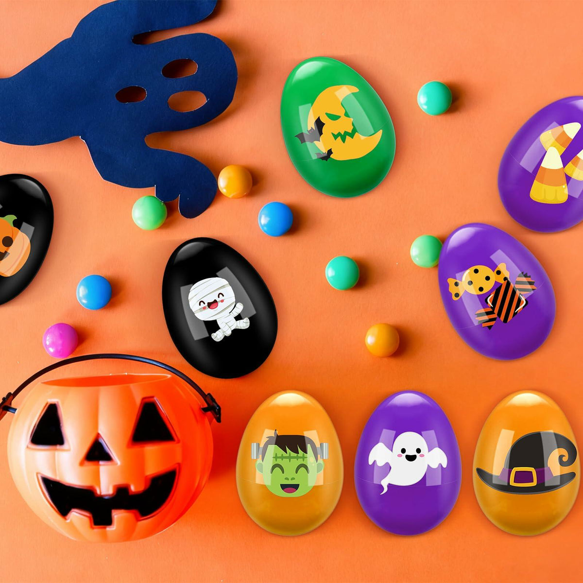 Suministros para fiesta de Halloween Fulmoon con huevos, esqueletos y arañas de plástico, 164 piezas, naranja