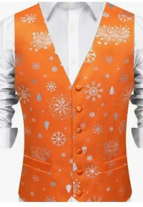 Set de chaleco y pajarita DiBanGu con diseño de copos de nieve navideños en color naranja y plata, talla L