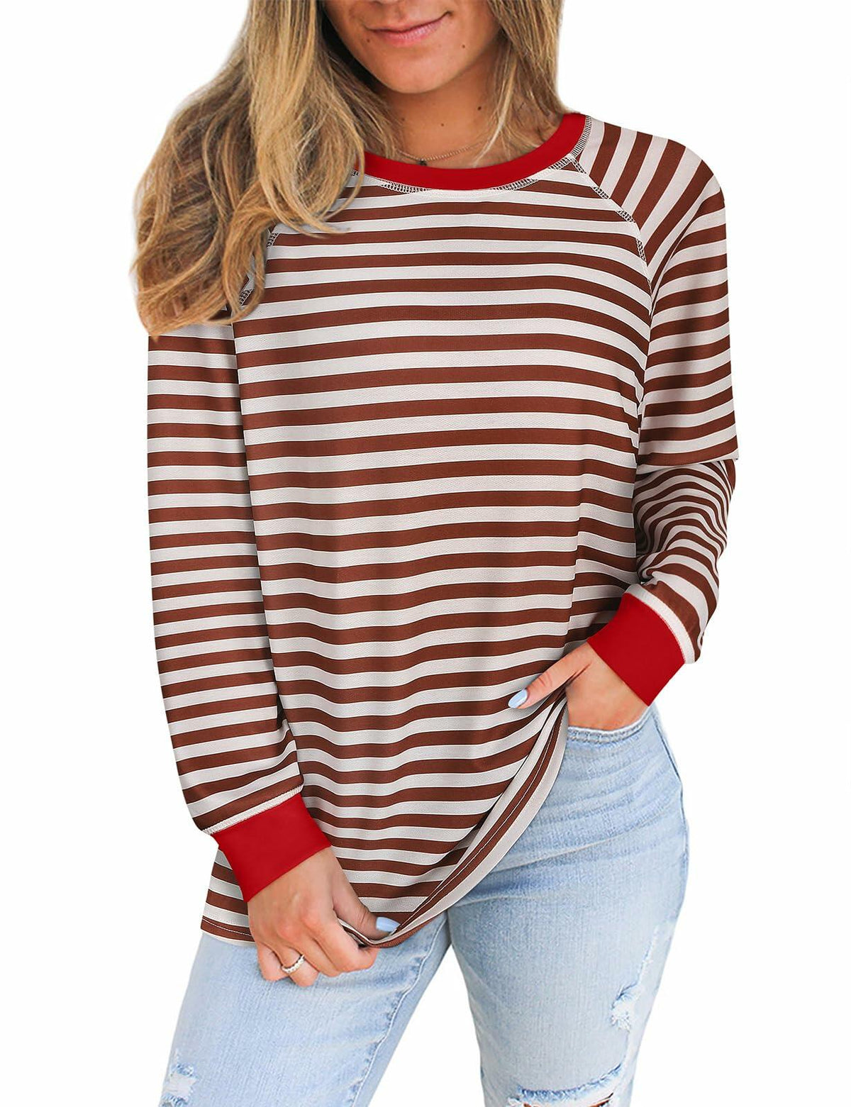 Sudadera de rayas Misyula Style de talla grande con bloques de color rojo y marrón, talla XL