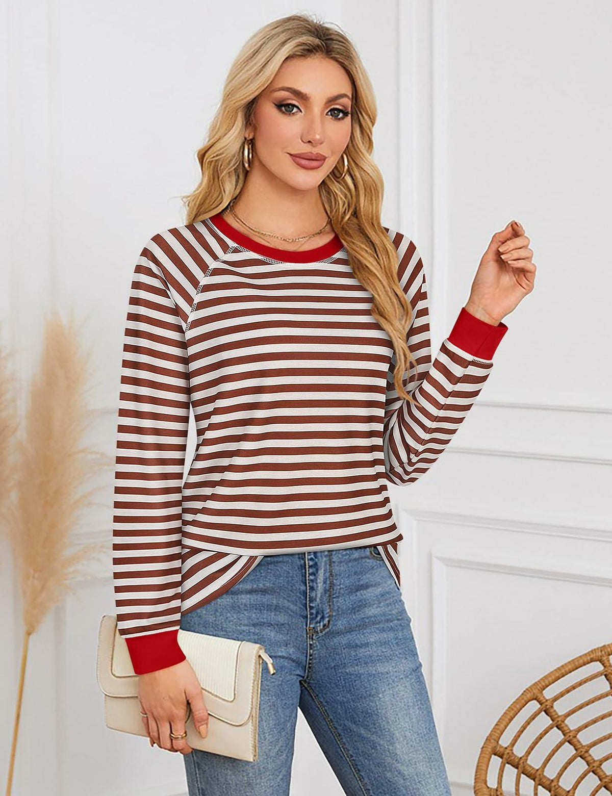 Sudadera de rayas Misyula Style de talla grande con bloques de color rojo y marrón, talla XL