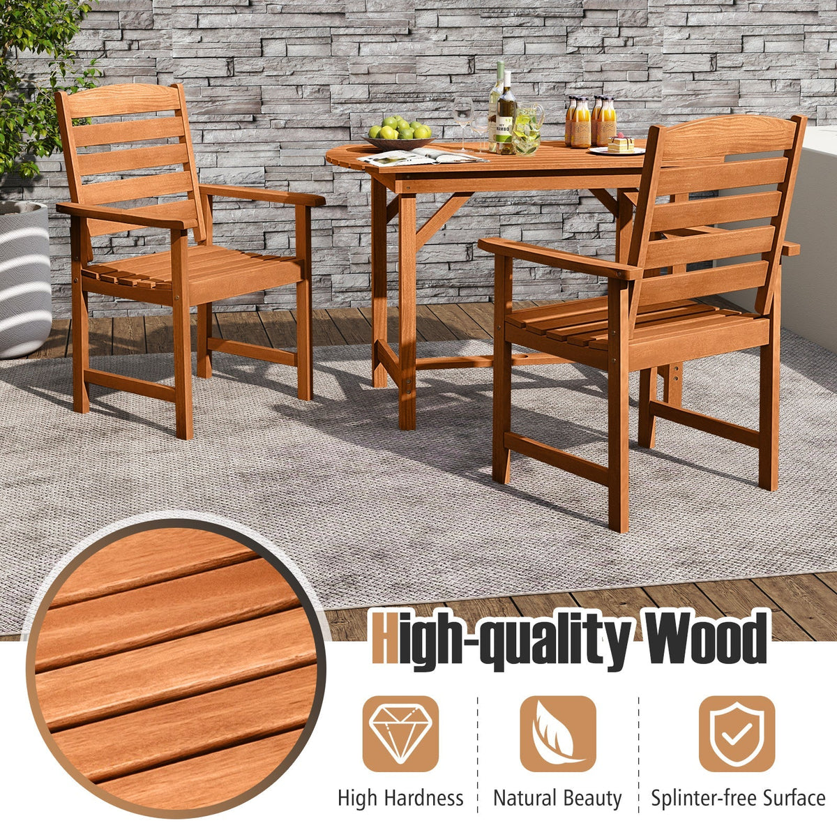 Sillas de comedor de madera para exterior con respaldos inclinados y asientos de listones