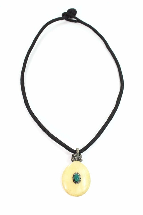 Oval Bone Stone Tribal Pendant Necklace With Turquoise