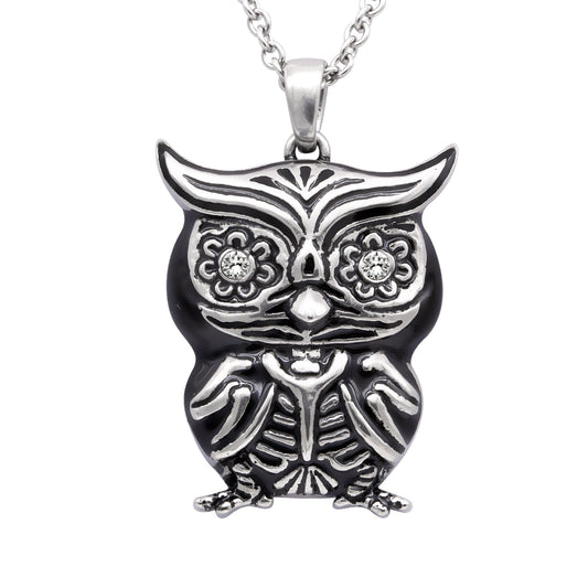 Owl Crystal Pendant Necklace For Women Vintage Silver