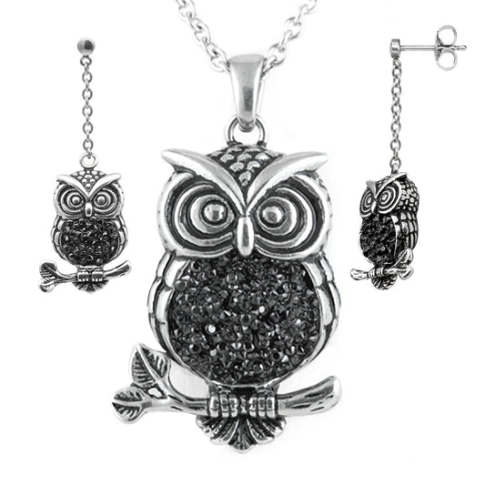 Owl Pendant Necklace And Dangle Earrings With Crystals