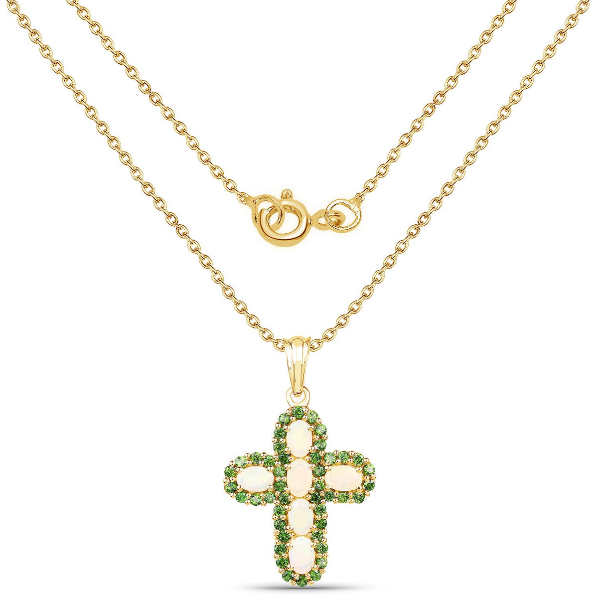 14K Yellow Gold Plate 3.11 Carat Genuine Ethiopian Opal & Chrome Diopside .925 Silver Pendant