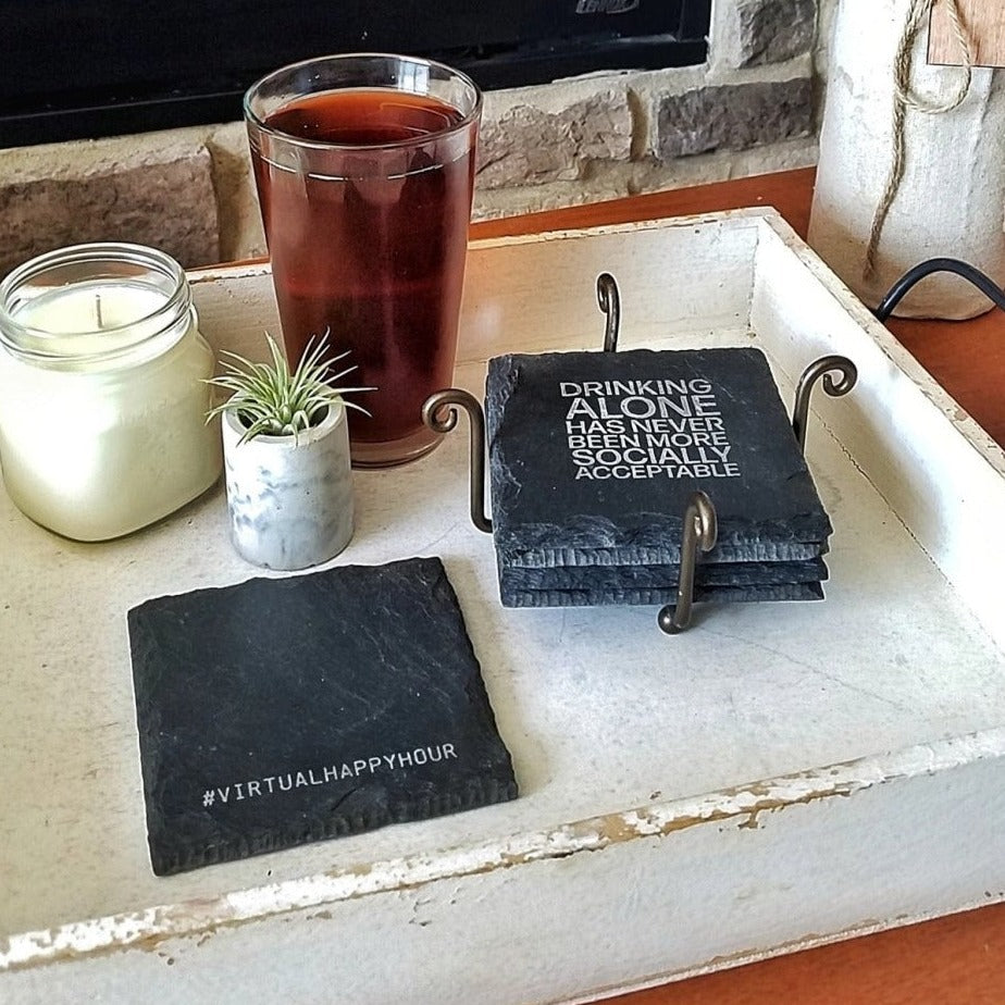 Drinking Alone Slate Coaster Premium Artisan Natural USA Slate Coaster With Cork Feet