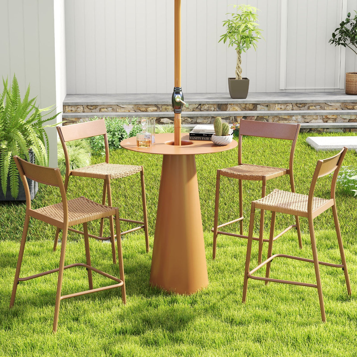 Taburetes de bar para patio, juego de 4 con asiento de ratán y respaldo de metal - Marrón claro