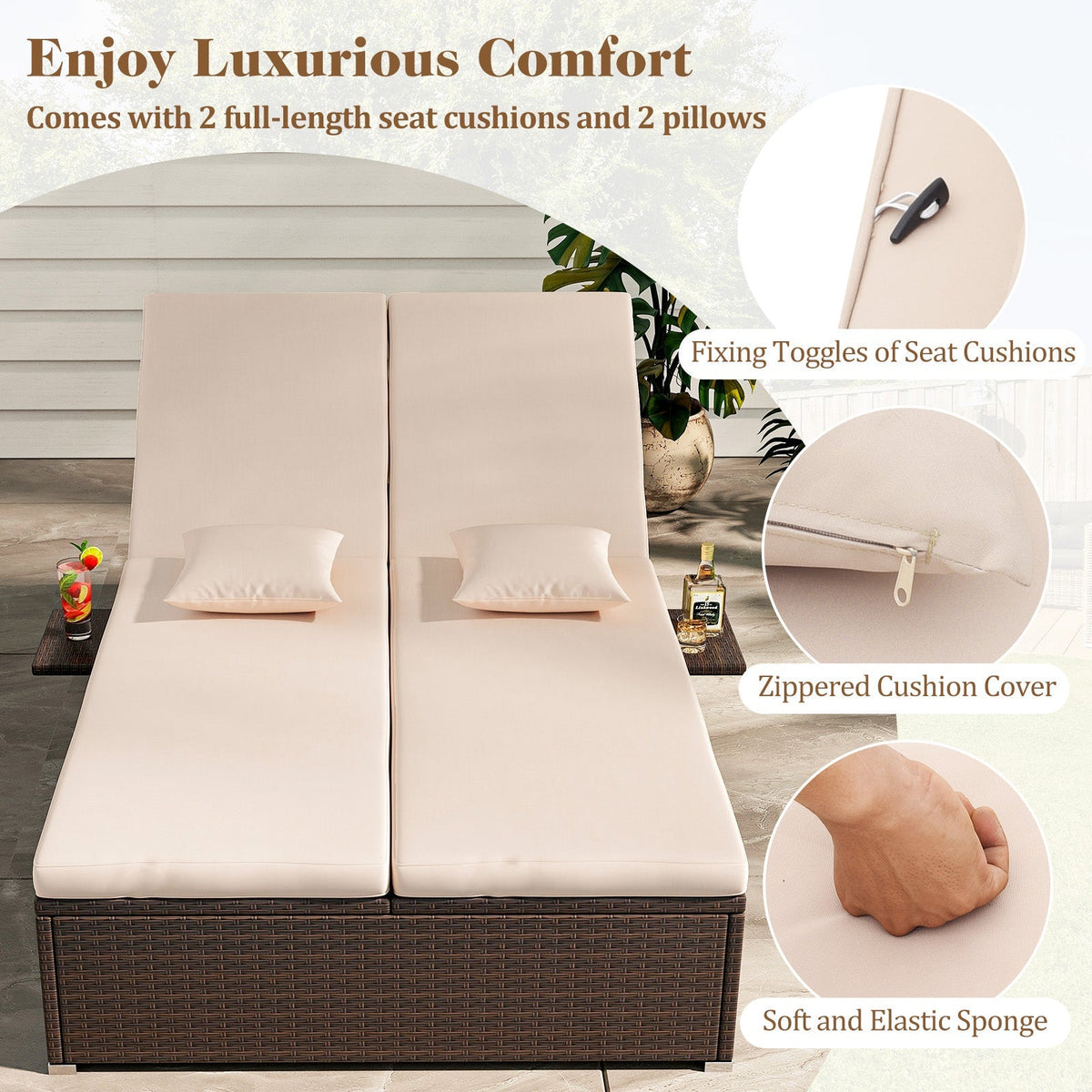 Patio Double Chaise Lounge with Cushions and Folding Side Trays