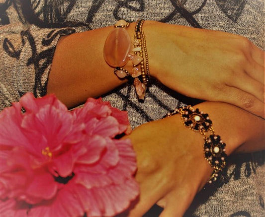 Peach Agate Rose Quartz Slice Beaded Bracelet Handmade