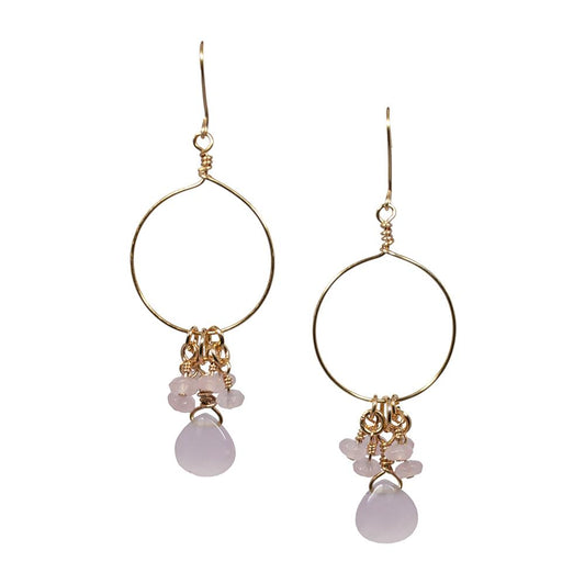 Pink Chalcedony Jade Cluster Hoop Earrings Gold Dainty
