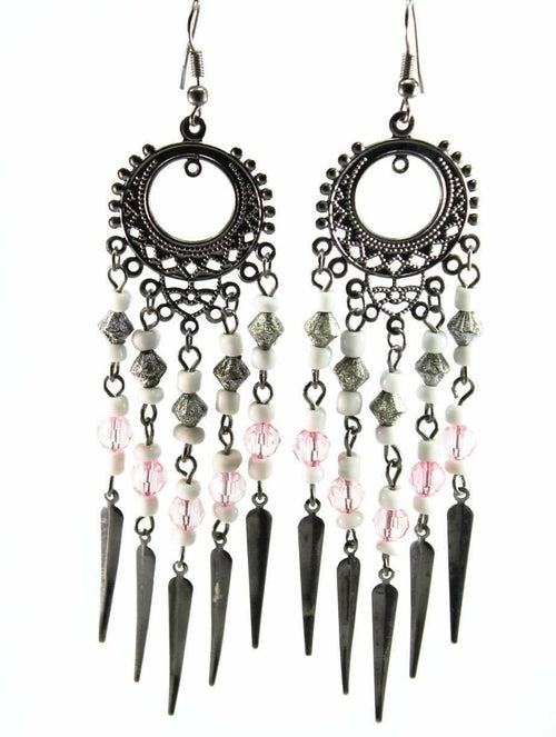 Pink Chandelier Dangle Earrings Beaded Boho Statement