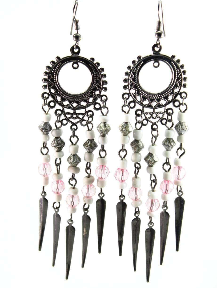 Pink Chandelier Dangle Earrings Beaded Boho Statement