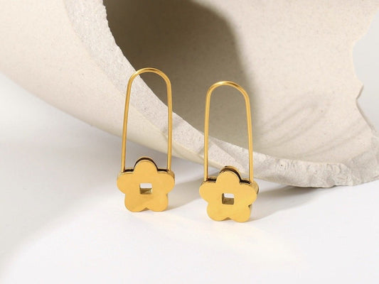 Pink Floral Drop Earrings Gold Plated Dainty Flower