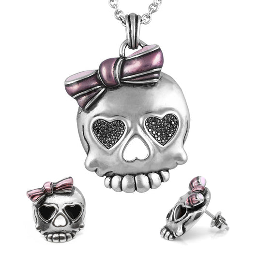 Pink Skull Necklace And Stud Earrings Jewelry Set Gothic