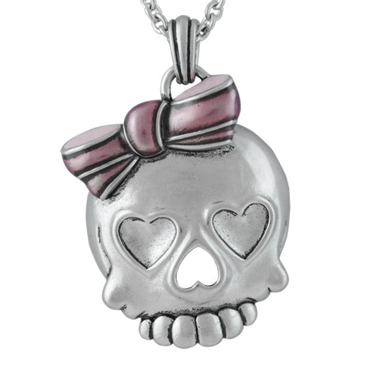Pink Skull Necklace Cute Heart Eyes Pendant Silver Chain