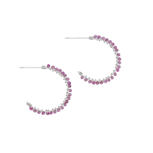 Pink Tourmaline Sterling Silver Hoop Earrings Petite