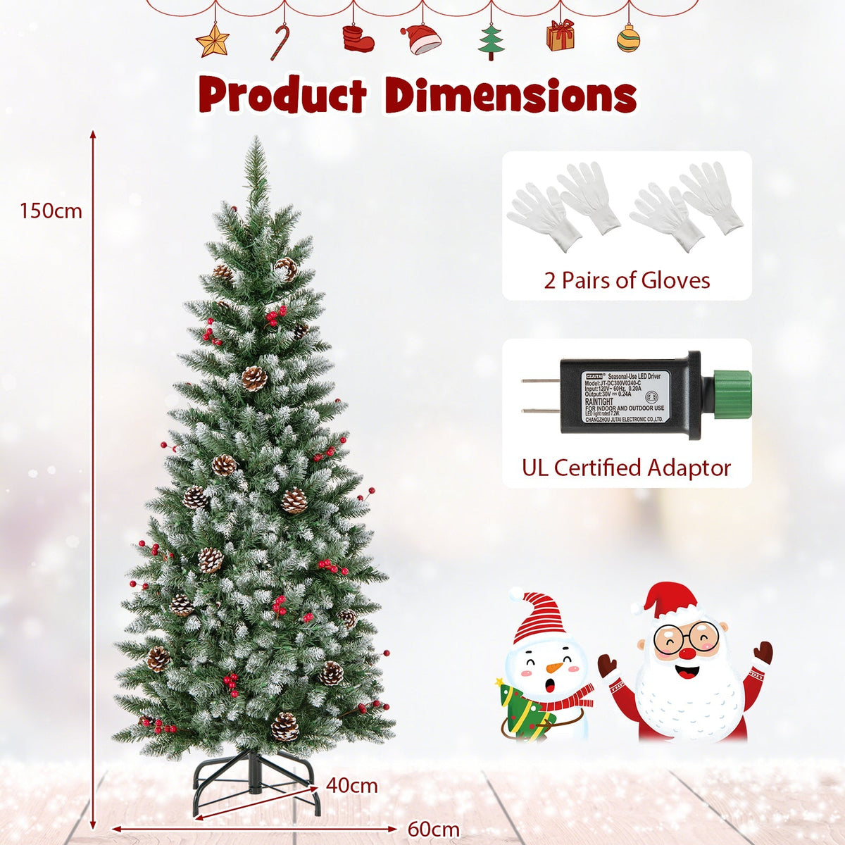 Pre-lit Artificial Pencil Christmas Tree with Pine Cones and Red Berries