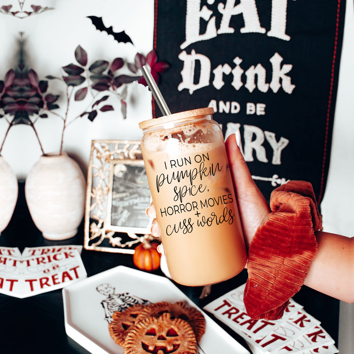Horror Movies 17oz Glass Tumbler With Bamboo Lid Straw Set Pumpkin Spice
