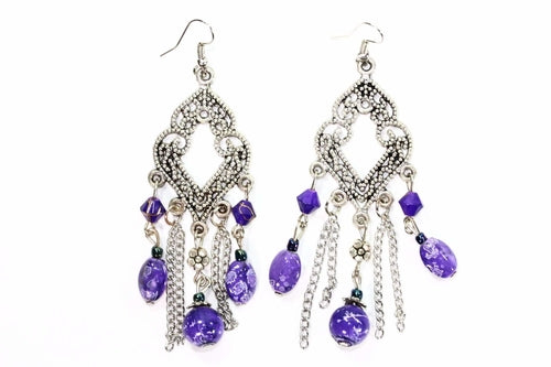 Turquoise Marbled Bead Filigree Boho Chandelier Earrings