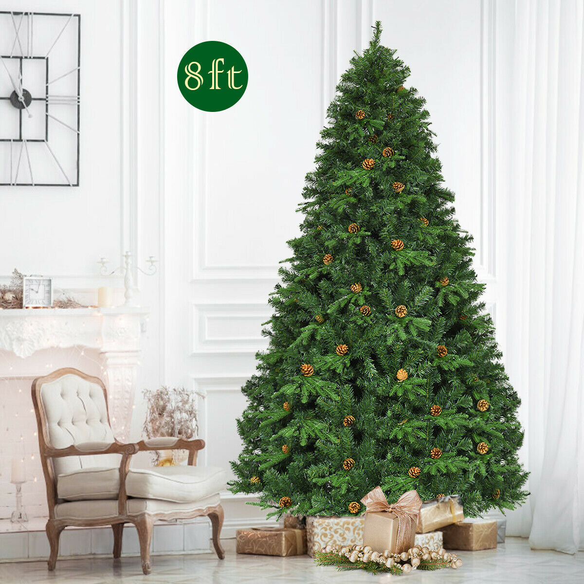 7.5 ft Artificial Christmas Tree with LED Lights and Pine Cones