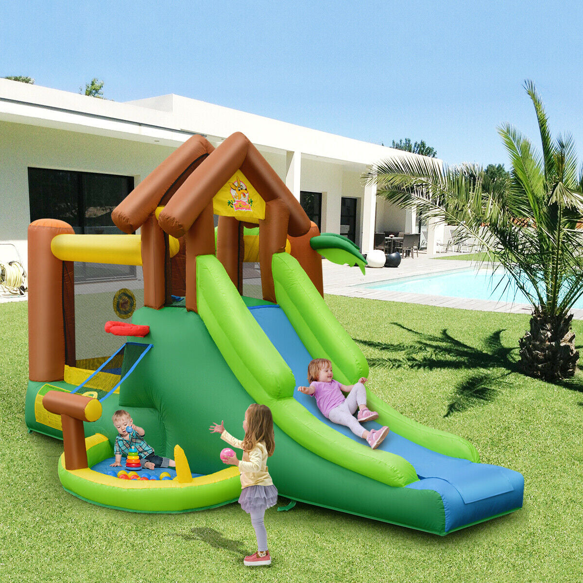 Castillo hinchable infantil de la selva con soplador de 735 W