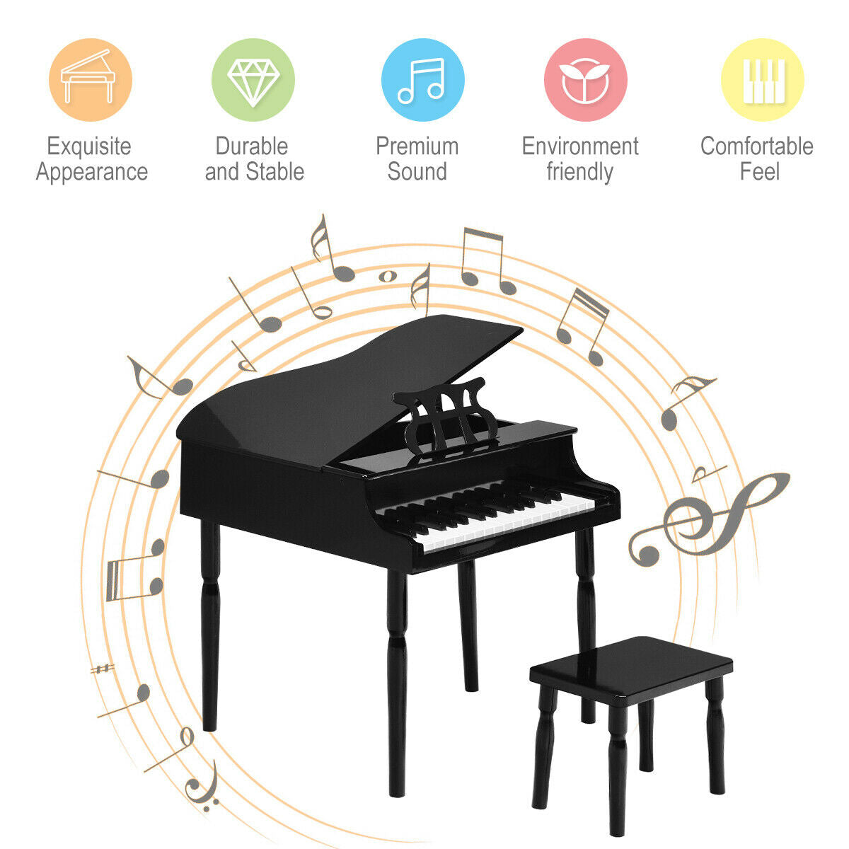 30-Key Wood Toy Kids Grand Piano with Bench