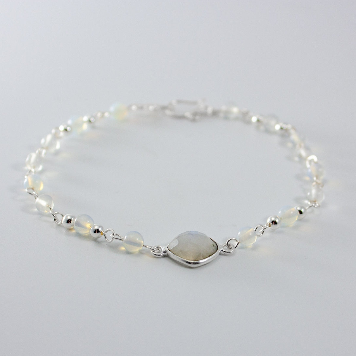 Rainbow Moonstone Opalite Beaded Bracelet Sterling Chain