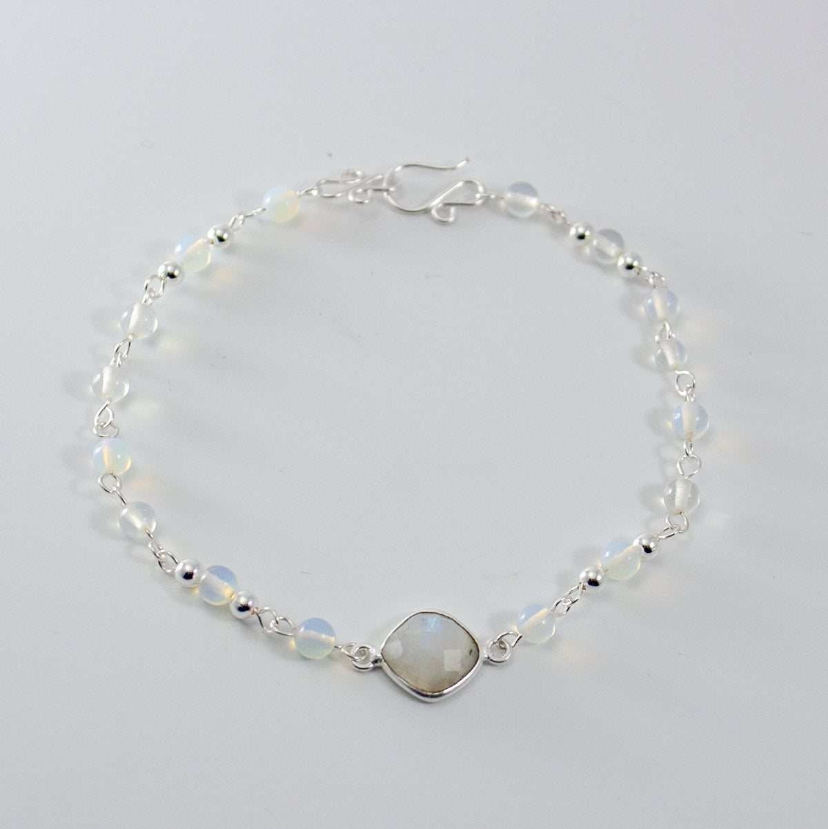 Rainbow Moonstone Opalite Beaded Bracelet Sterling Chain