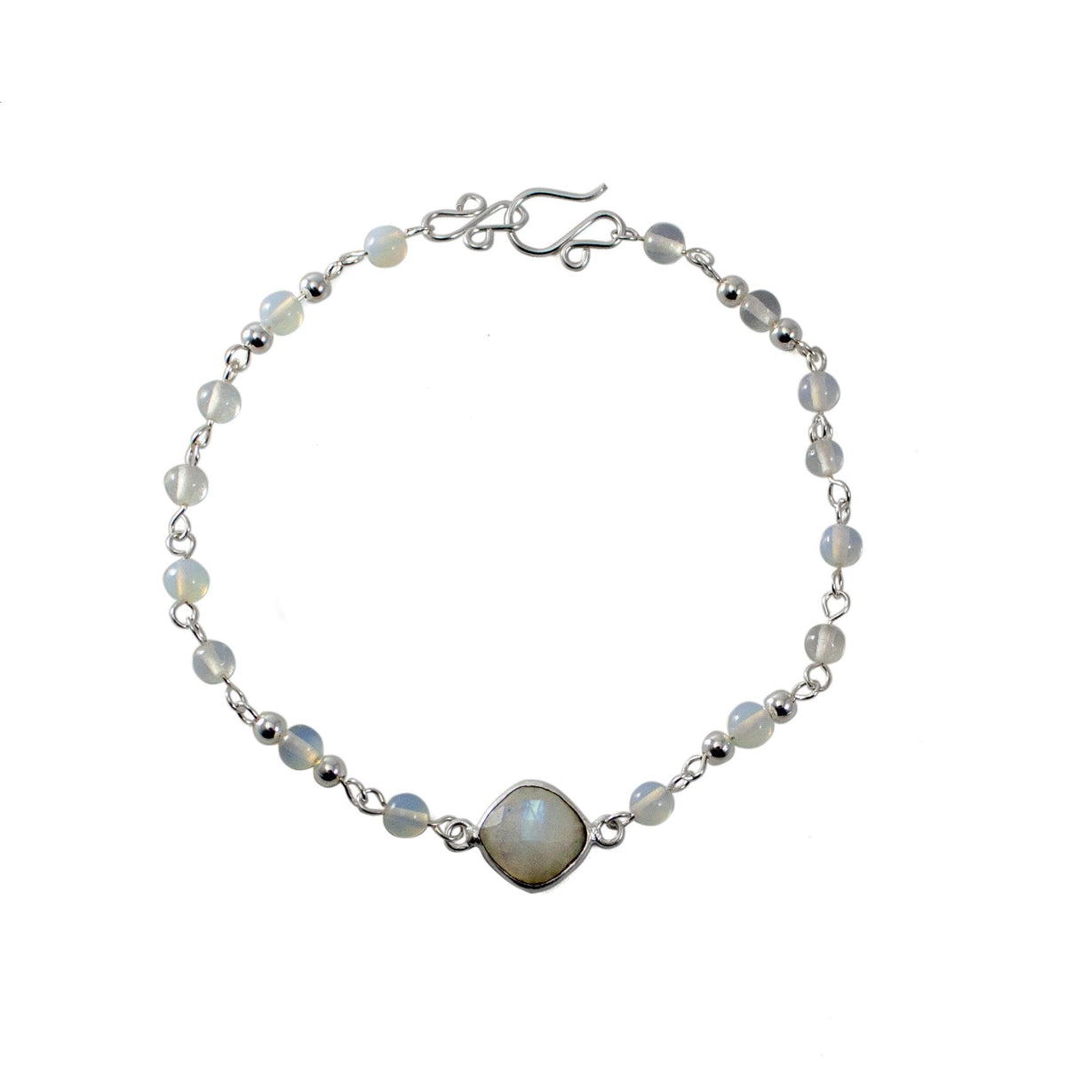 Rainbow Moonstone Opalite Beaded Bracelet Sterling Chain