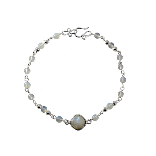 Rainbow Moonstone Opalite Beaded Bracelet Sterling Chain