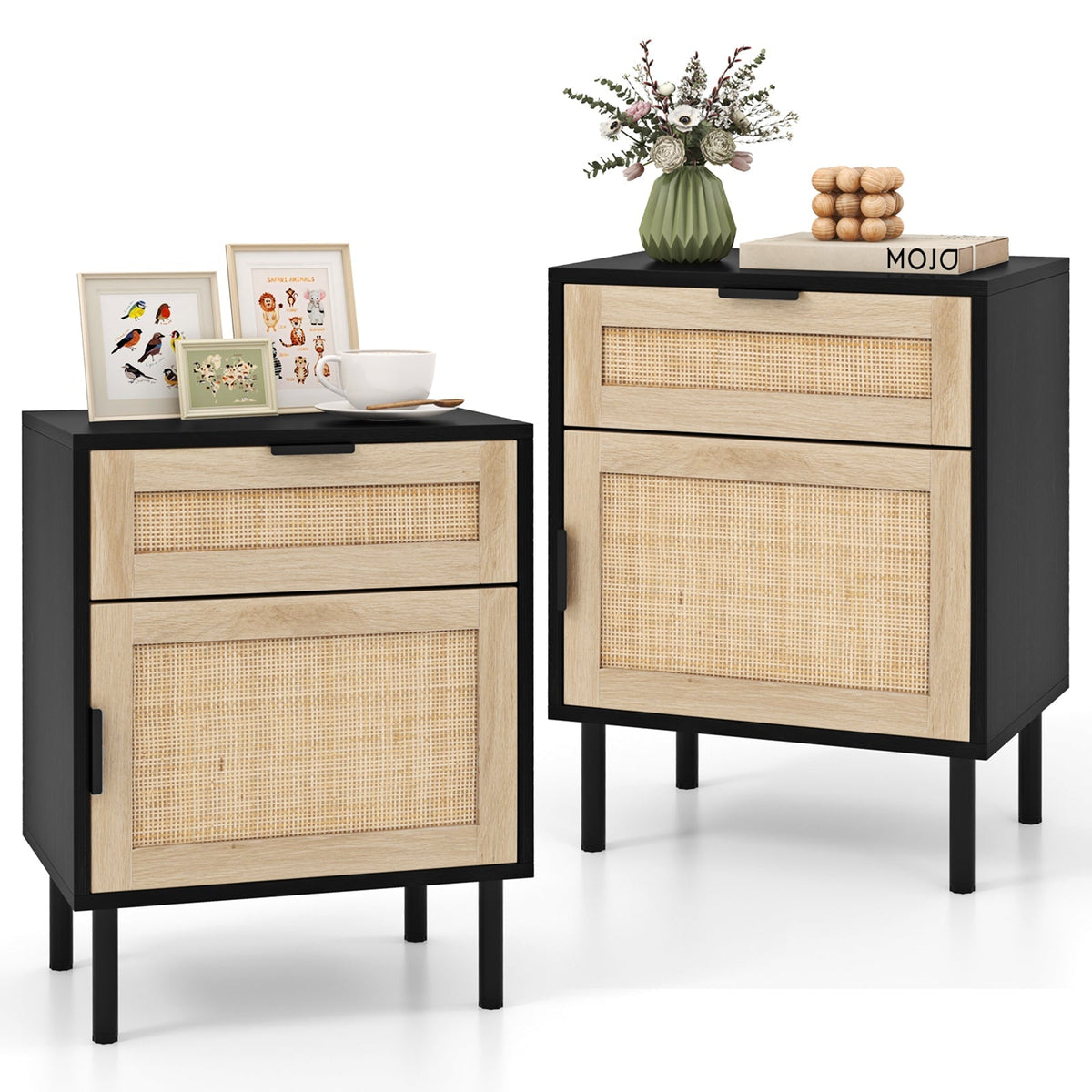 Rattan Nightstand Set of 2 with Drawer and Cabinet-Natural