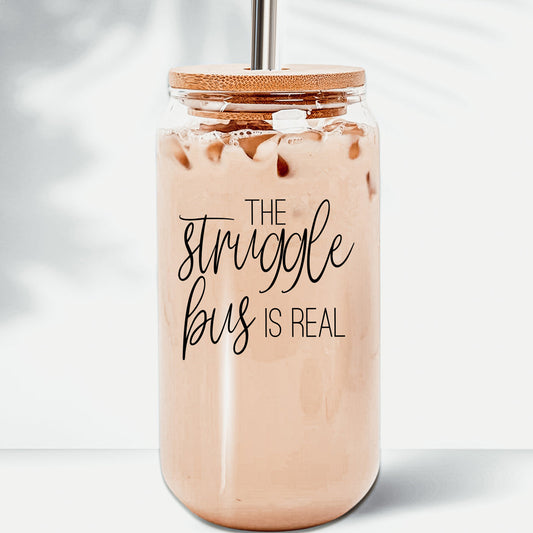 Struggle Bus 17oz Glass Tumbler Bamboo Lid 2 SS Straws and Cleaner Brush