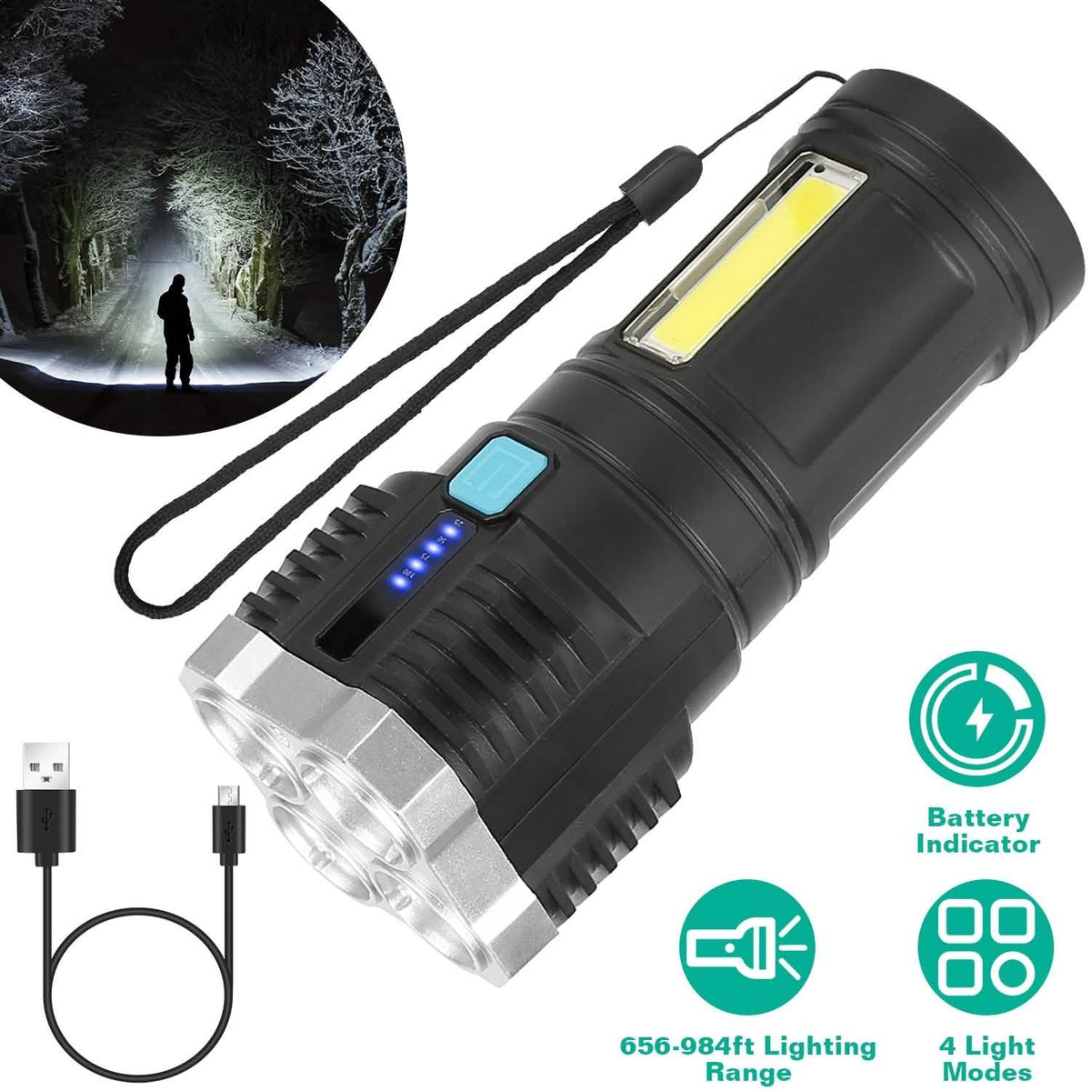 Rechargeable Flashlight LED Floodlight Torch with Strap Super Bright Flashlight